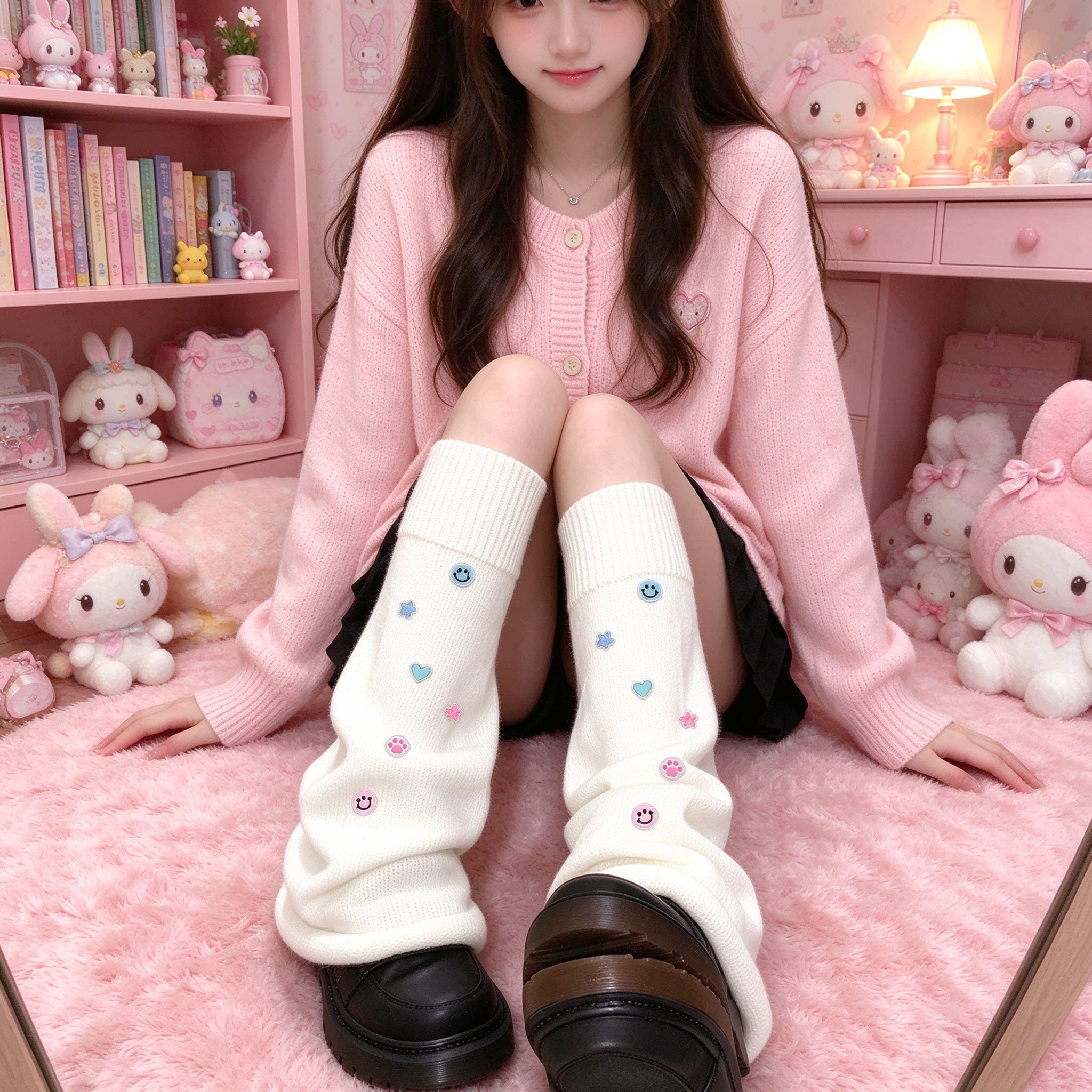 春秋日系甜美笑脸爱心堆堆腿套女