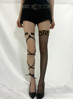 长筒袜个性y2k亚文化豹纹小腿袜女交叉绑带腿环过膝袜辣妹叠穿