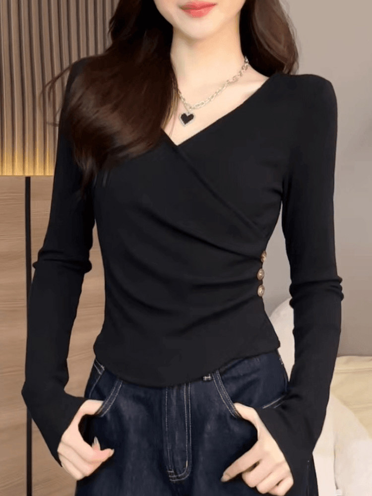 正肩长袖t恤女春秋薄款新款大码胖mm修身显瘦打底衫v领洋气上衣女