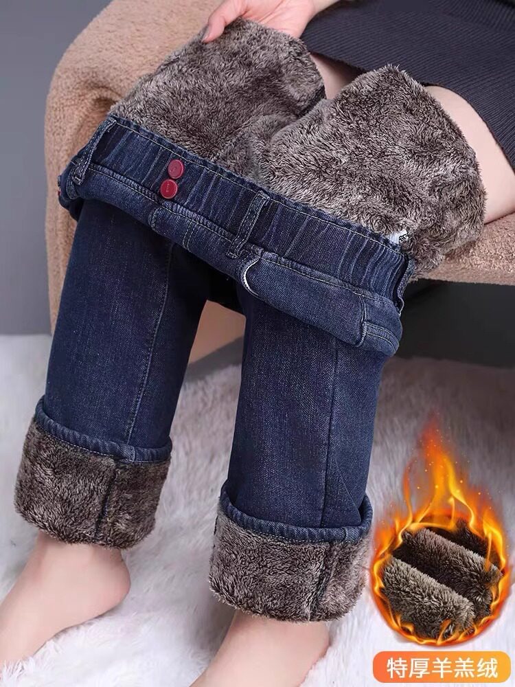 加绒加厚羊羔绒直筒牛仔裤女春秋大码高腰宽松显瘦松紧腰阔腿裤子