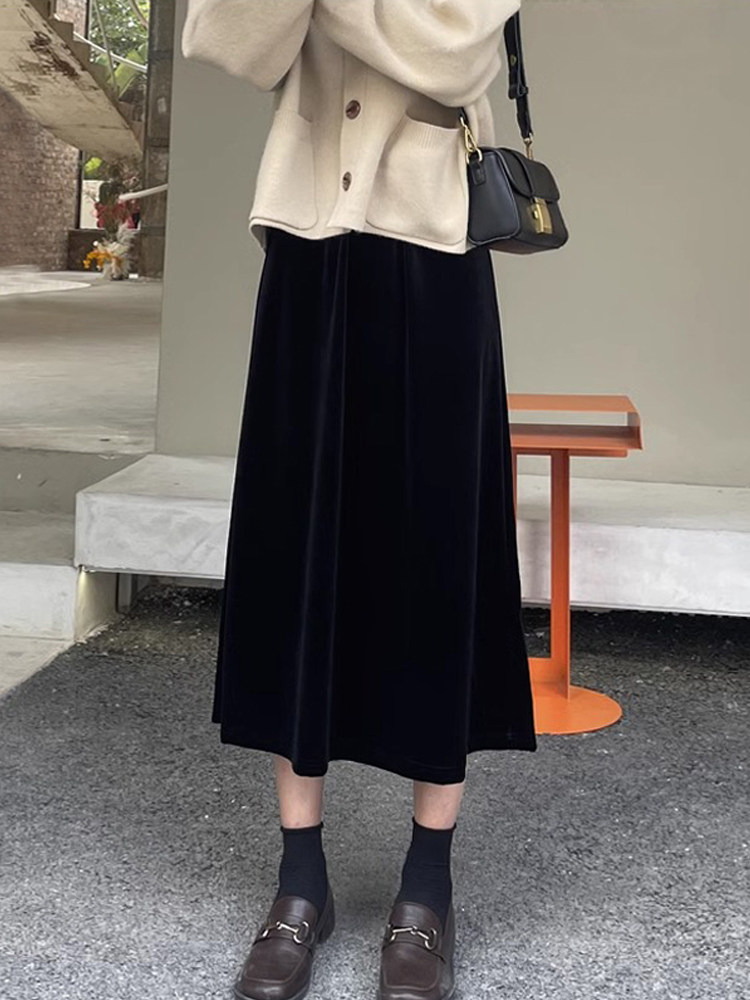金丝绒半身裙女秋冬大码新款高腰A字垂感显瘦中长款胖mm直筒裙子