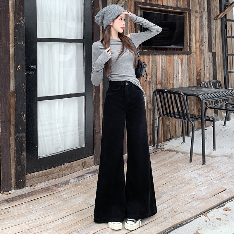 黑色加绒阔腿牛仔裤女春秋2025年新款高腰显瘦宽松垂感直筒拖地裤