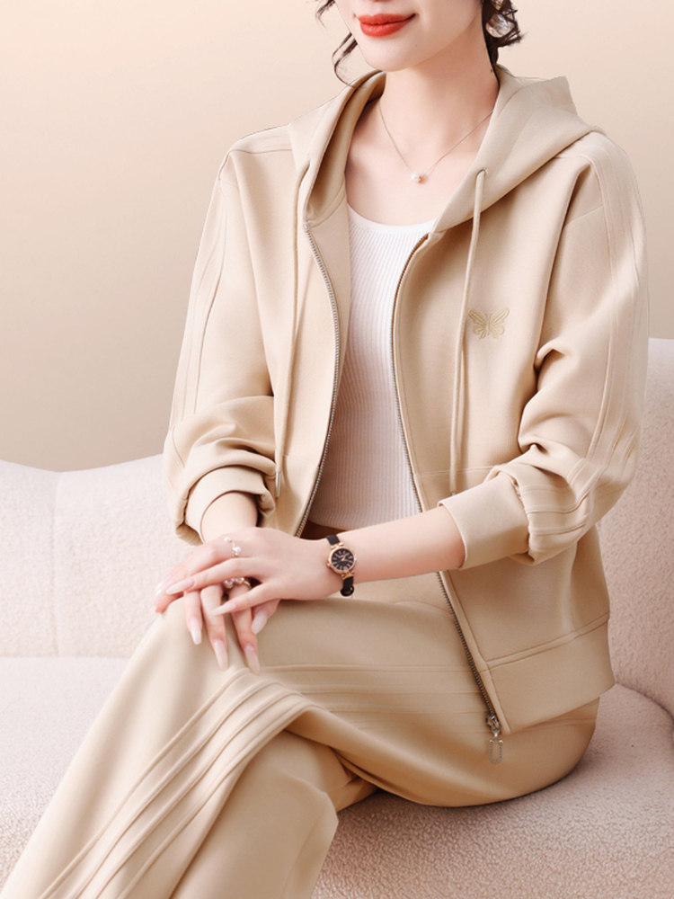 跑步运动套装女春秋2025新款时尚宽松连帽卫衣休闲洋气妈妈两件套
