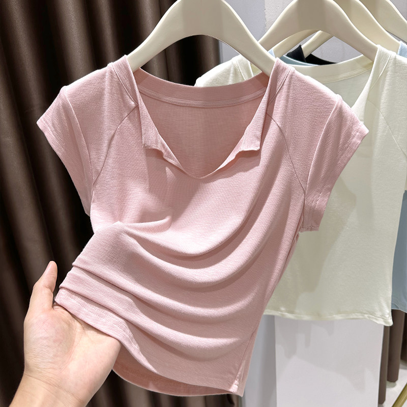 翻领短袖T恤女夏季薄款2025新款百搭气质修身显瘦V领减龄洋派上衣