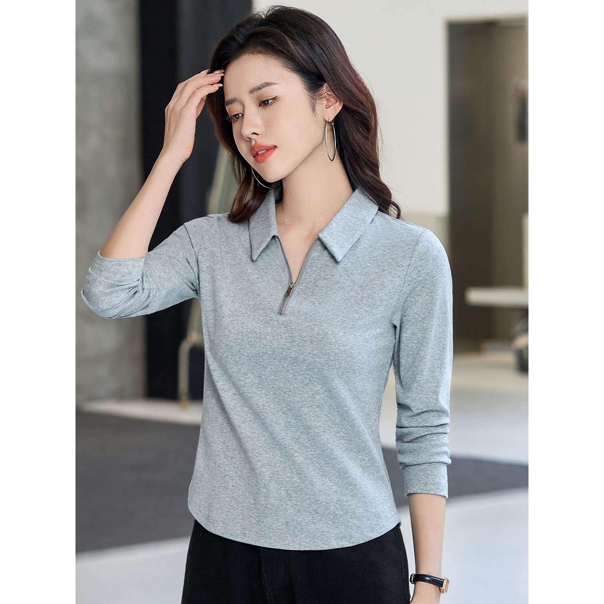 正肩翻领长袖T恤女士春秋2025新款休闲打底衫纯棉半拉链减龄上衣