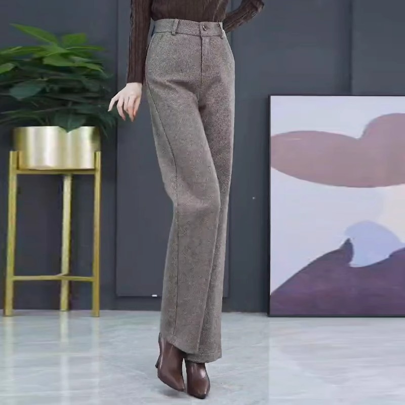 毛呢阔腿裤女春秋2025新款高腰显瘦人字纹加绒加厚直筒裤呢子裤子