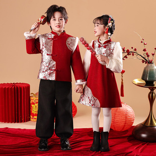 男女童新中式国风合唱服拜年服唐装儿童元旦演出服红色新年旗袍裙