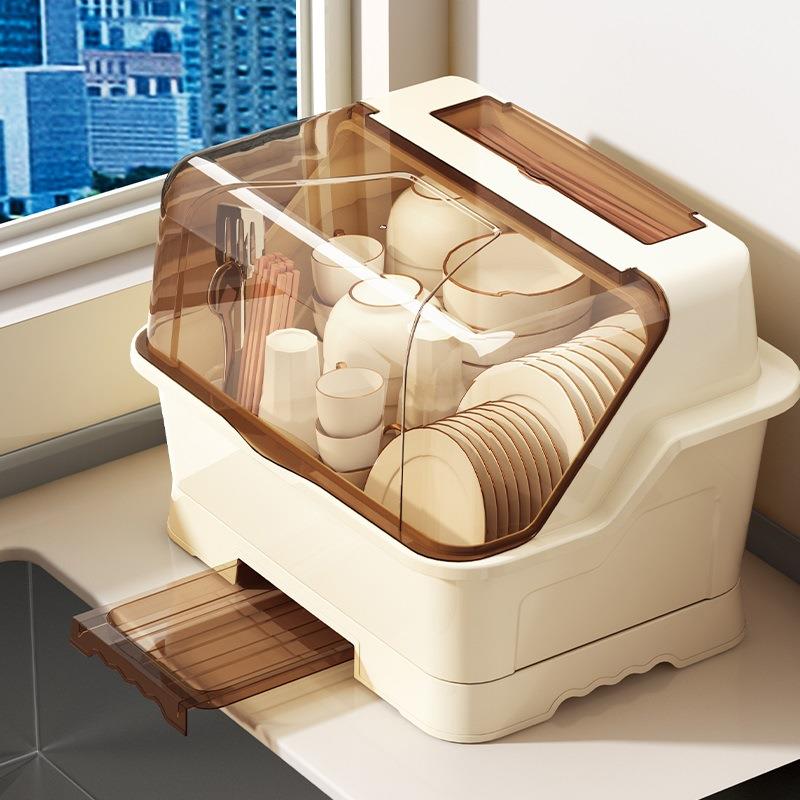 碗筷收纳盒放碗碟收纳架厨房餐具家用带盖沥水置物架装碗柜收纳盒