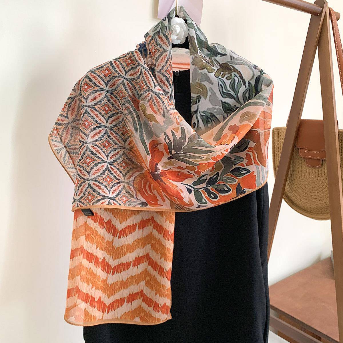 新款轻奢高级感薯莨纱丝巾女士印花百搭度假旅游防晒轻薄围巾披肩