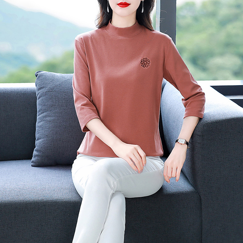 全棉中袖t恤女新款夏季妈妈大码纯棉七分袖上衣长短袖打底衫春秋