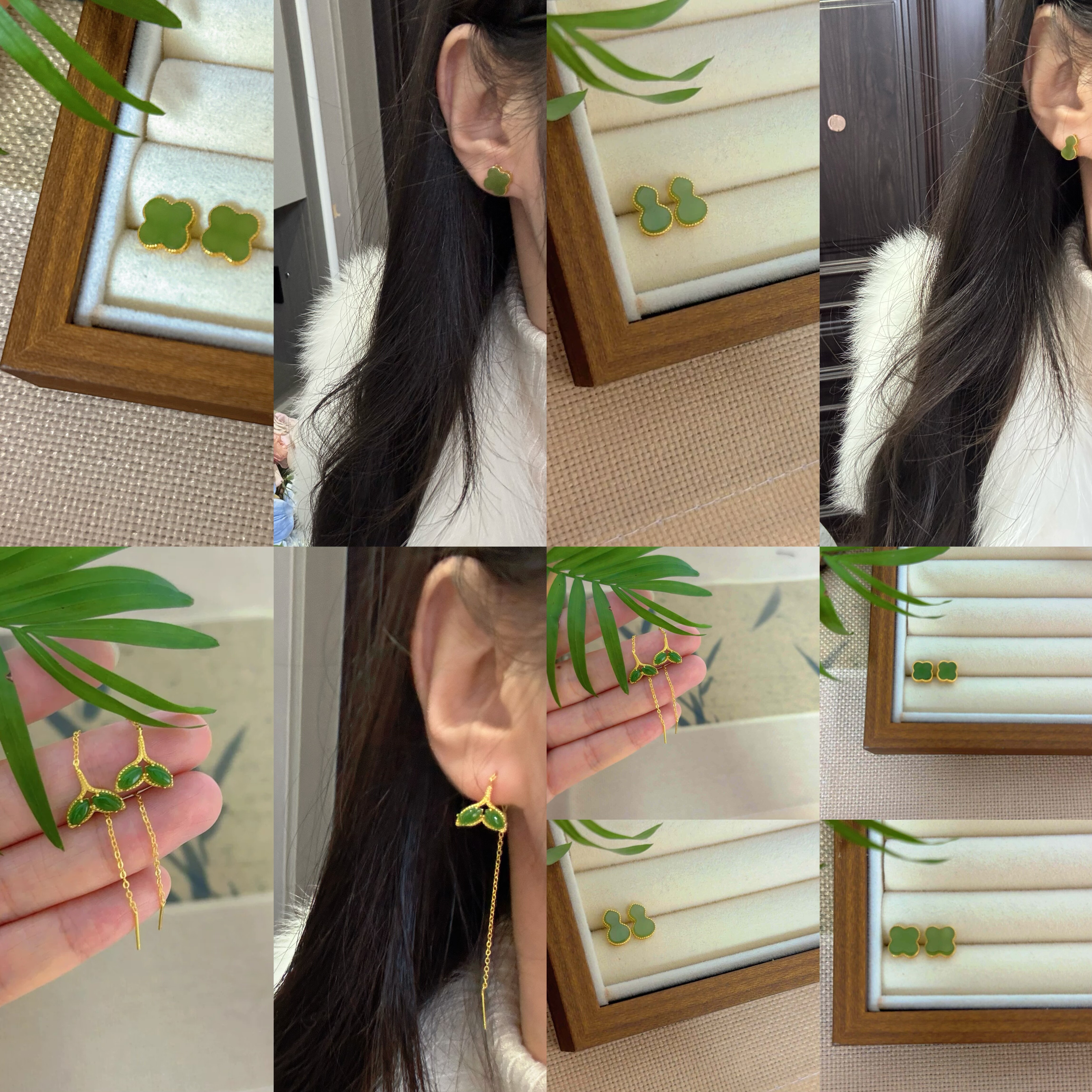 碧玉耳钉 | 碧玉四叶草葫芦耳钉银镶图片