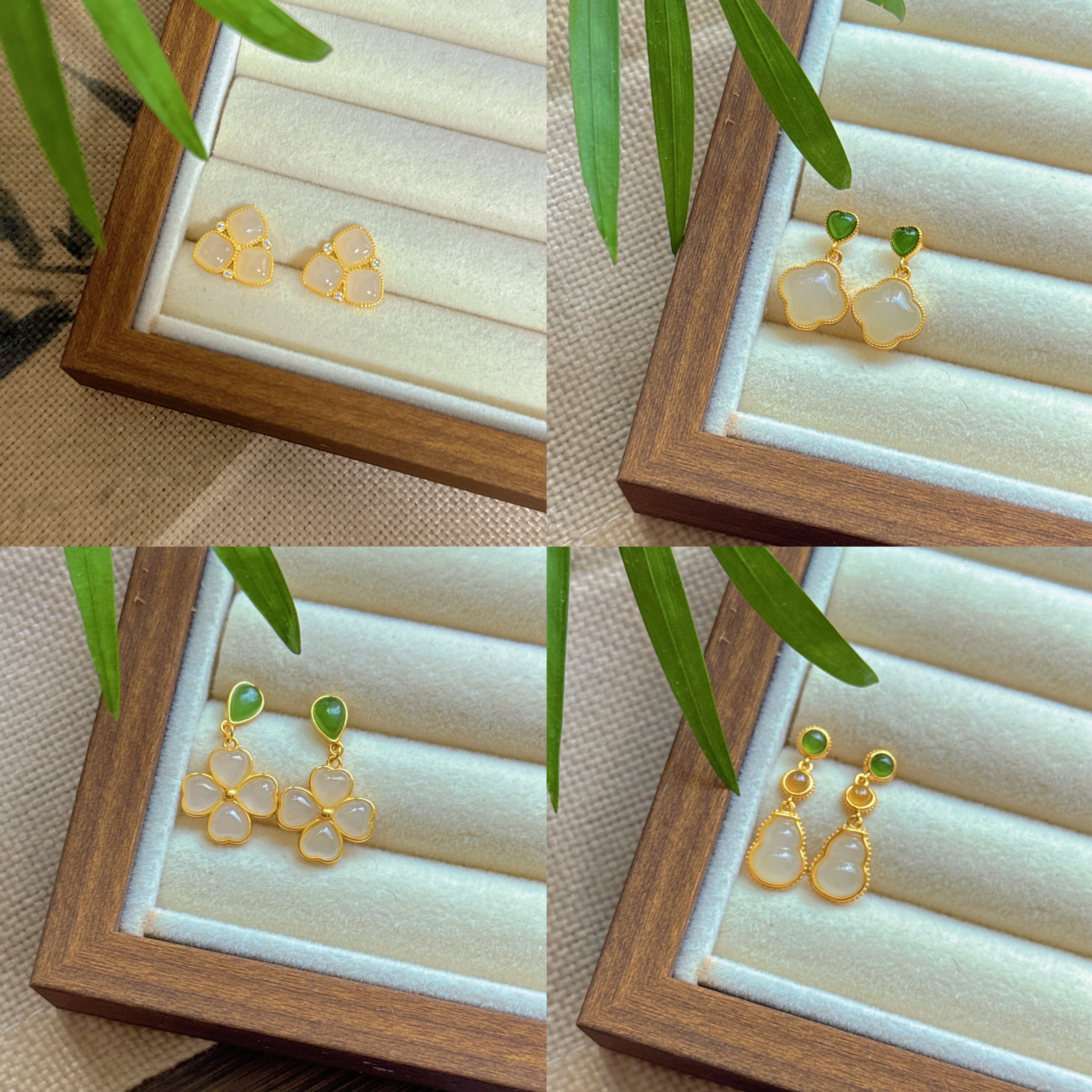 天然和田玉白玉四叶草多宝葫芦白玉兰耳钉耳坠碧玉水滴银镶耳饰