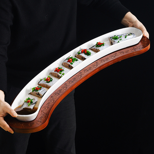酒店创意半圆弧形长条盘餐具超大号1米带鱼盘刀鱼鳗意境菜盘陶瓷