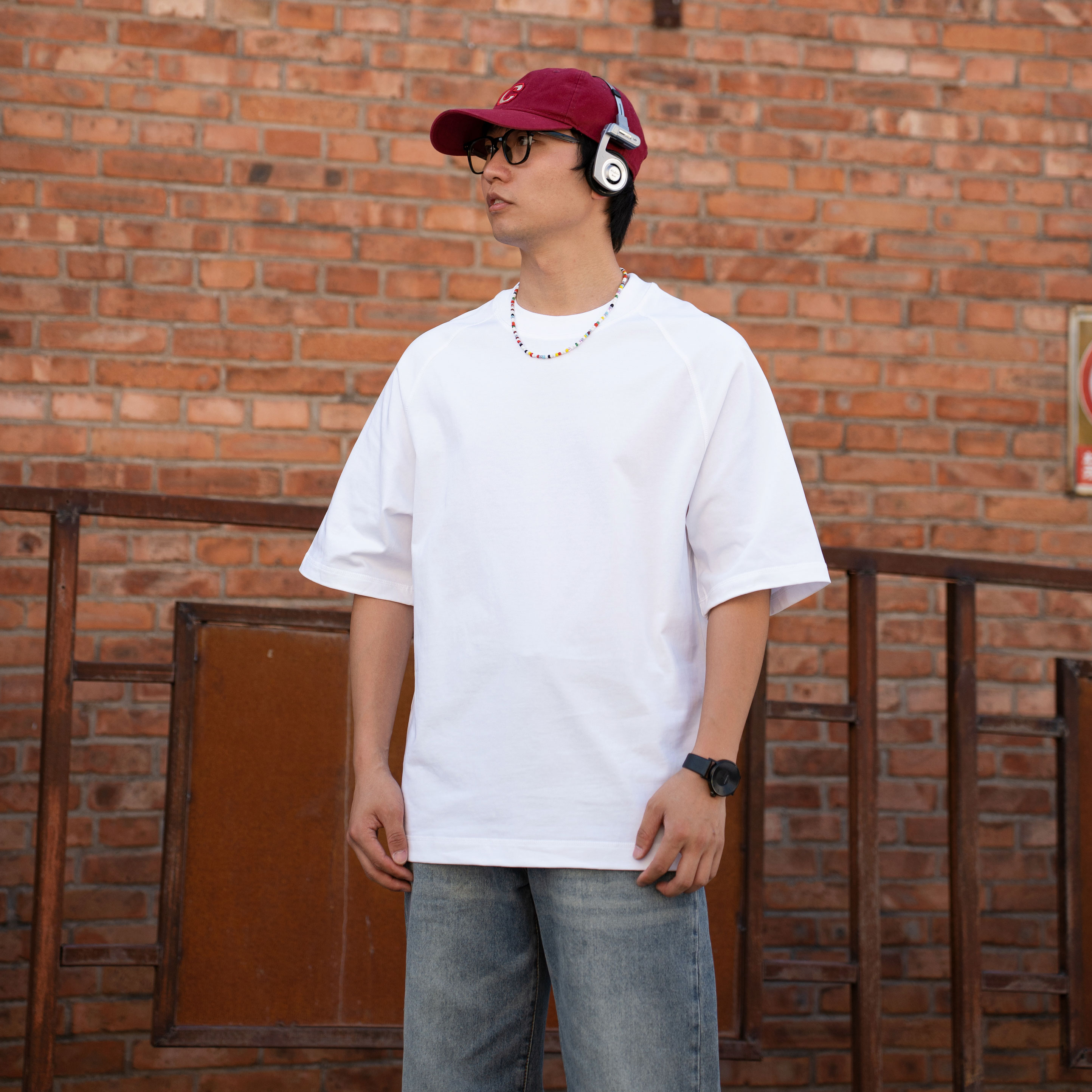 300g半袖插肩袖短袖宽松T恤纯棉简约明线设计感纯色内搭外穿上衣