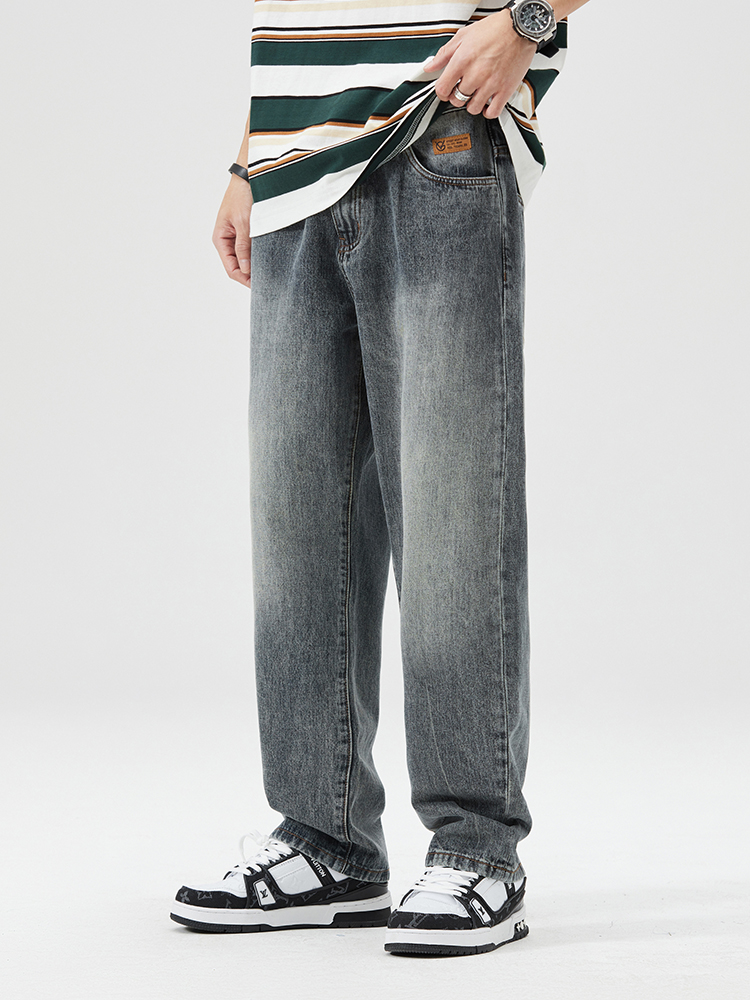 【KNIS】2024新款美式复古烟灰色松紧牛仔裤男宽松直筒阔腿垂坠感