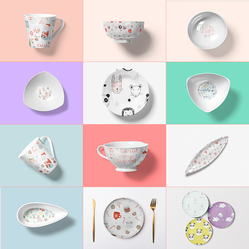 瓷器碗筷碟子水杯子样机餐饮Vi设计素材贴图效果展示Mockup模型