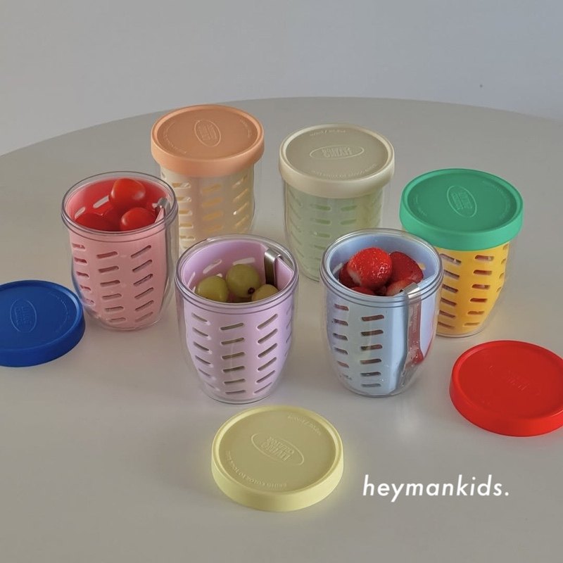 heymankids｜韩国彩色沙拉水果杯沥水保鲜餐盒野餐外出便携带叉
