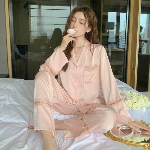 维多利亚春秋女士新款蕾丝花边睡衣女款冰丝纯欲风薄款长袖家居服
