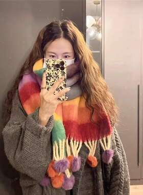 多巴胺彩色条纹手工毛球保暖围巾女冬季新款韩版加厚防寒情侣围脖