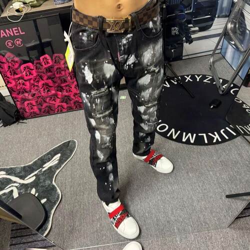 新款D2破洞儿童牛仔裤泼墨