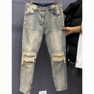 美式水洗破洞牛仔裤儿童垂感宽松直筒街头潮流韩版拉链阔腿乞丐裤