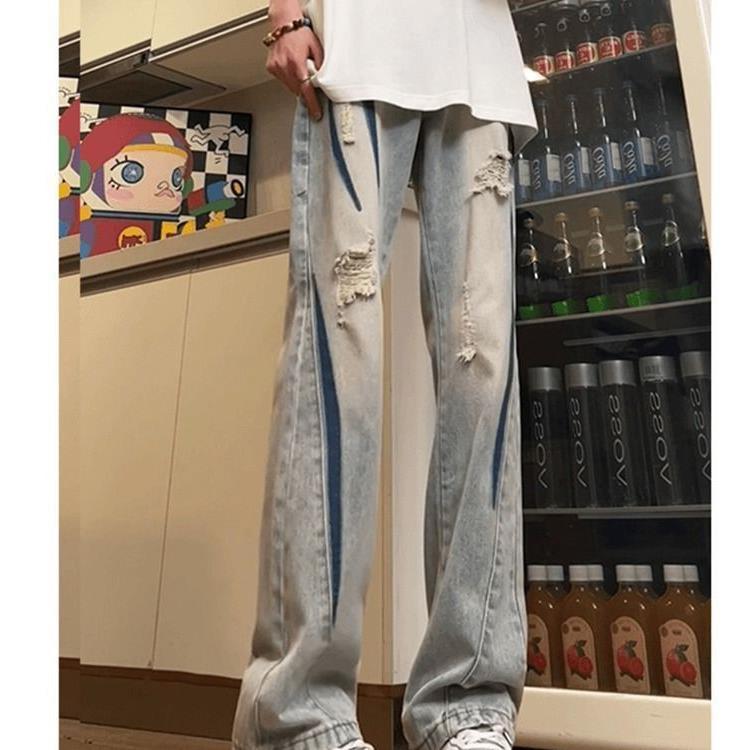 美式童装破洞牛仔裤男拼接中大童设计感裤子高街vibe直筒微喇长裤