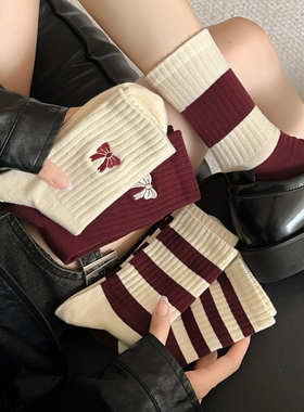 ancora网红安可拉红色袜子女socks配小皮鞋宽条纹秋冬款棉中筒袜