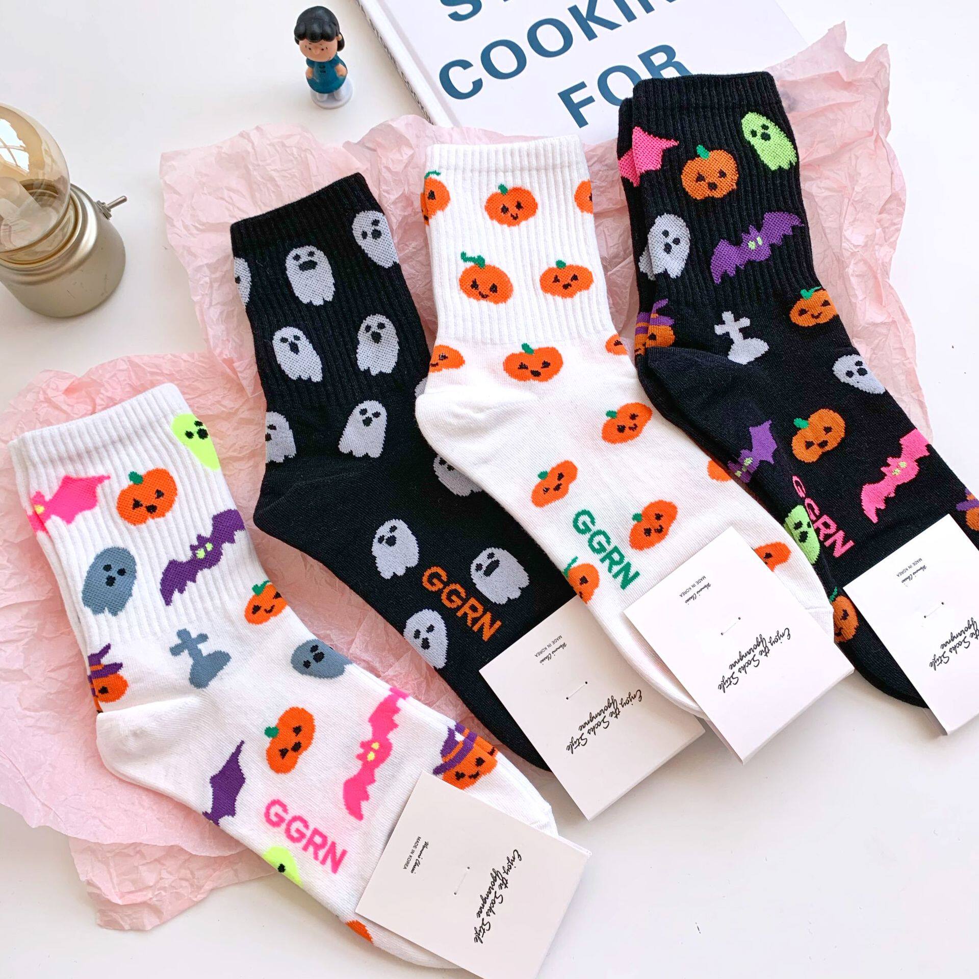 荧光彩色薄万圣节袜子幽灵南瓜中筒袜纯棉女袜卡通韩国男袜socks
