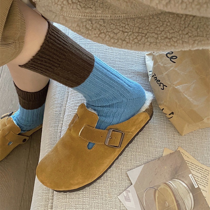 韩国东大门冬季彩色拼接加厚纯棉双针袜子女小红书同款堆堆袜保暖