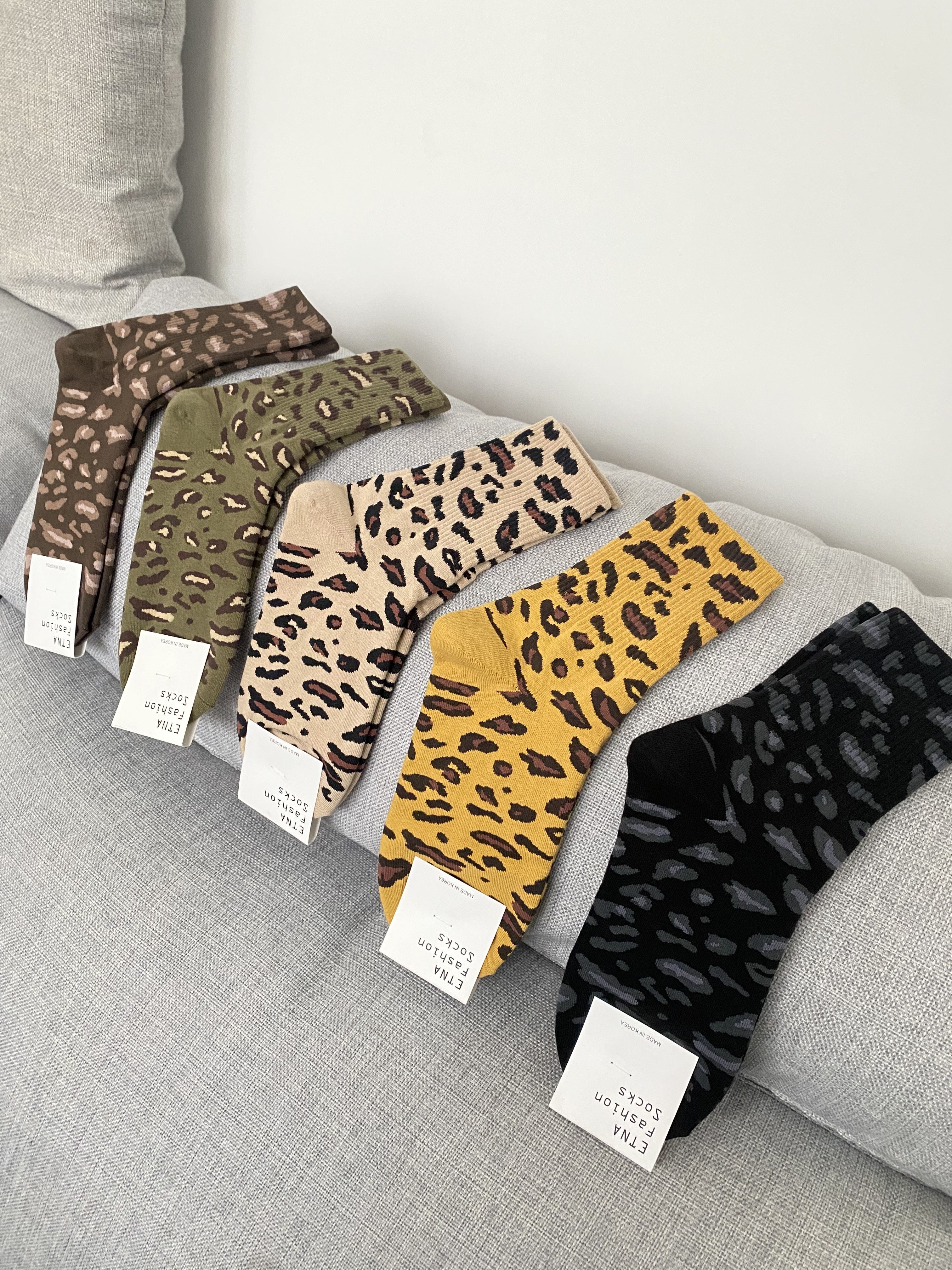 ETNA韩国东大门进口正品socks豹纹纯棉秋冬中筒袜子女保暖抹茶色