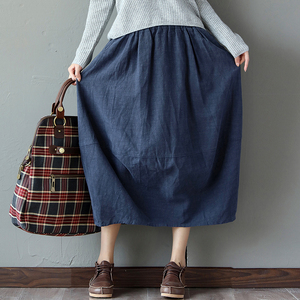 RY1813#棉麻 春秋季宽松百搭文艺长裙 复古花苞裙