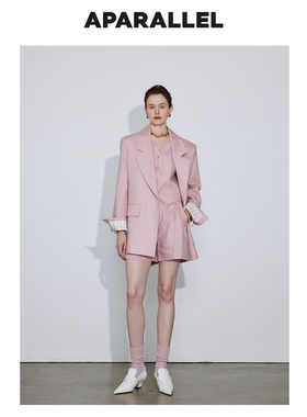 条纹袖口开衩亚麻西服/金属扣时装亚麻马甲/起梗休闲亚麻短裤