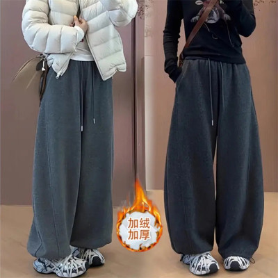 加绒加厚休闲阔腿裤女冬季新款显瘦百搭高腰直筒保暖弯刀裤长裤子