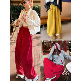 高腰抽绳加绒加厚阔腿休闲裤女冬新款百搭韩版宽松弯刀裤运动卫裤