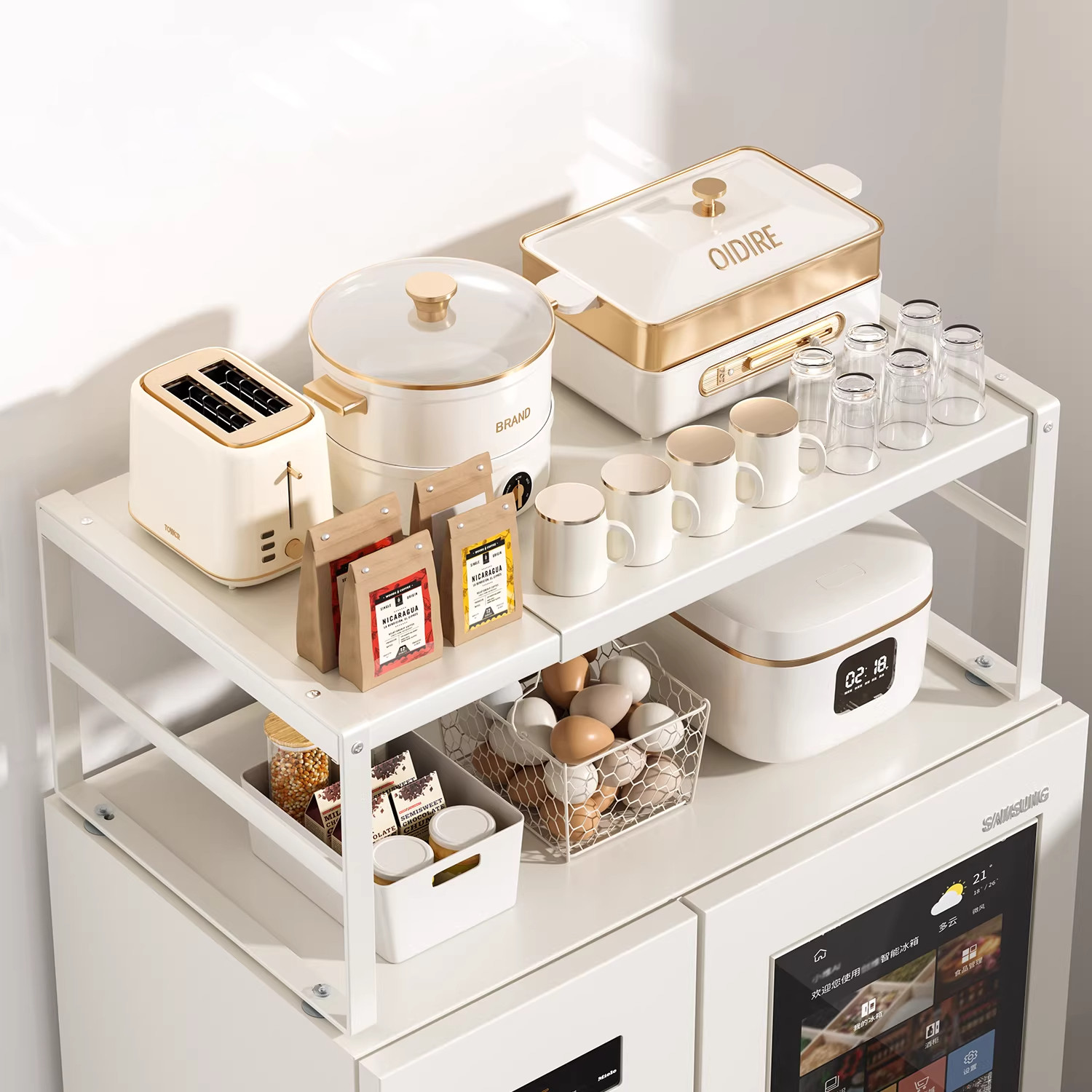 冰箱上方置物架厨房家用小型烤箱微波炉架可伸缩锅具碗碟收纳神器