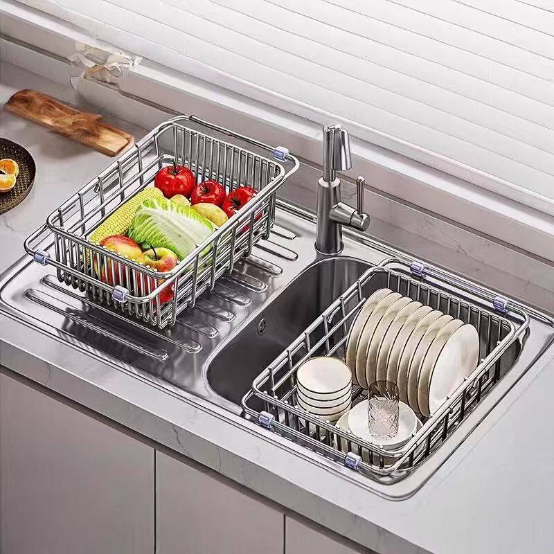 加厚不锈钢可伸缩沥水篮洗菜盆新款厨房碗碟洗碗池收纳置物滤水架