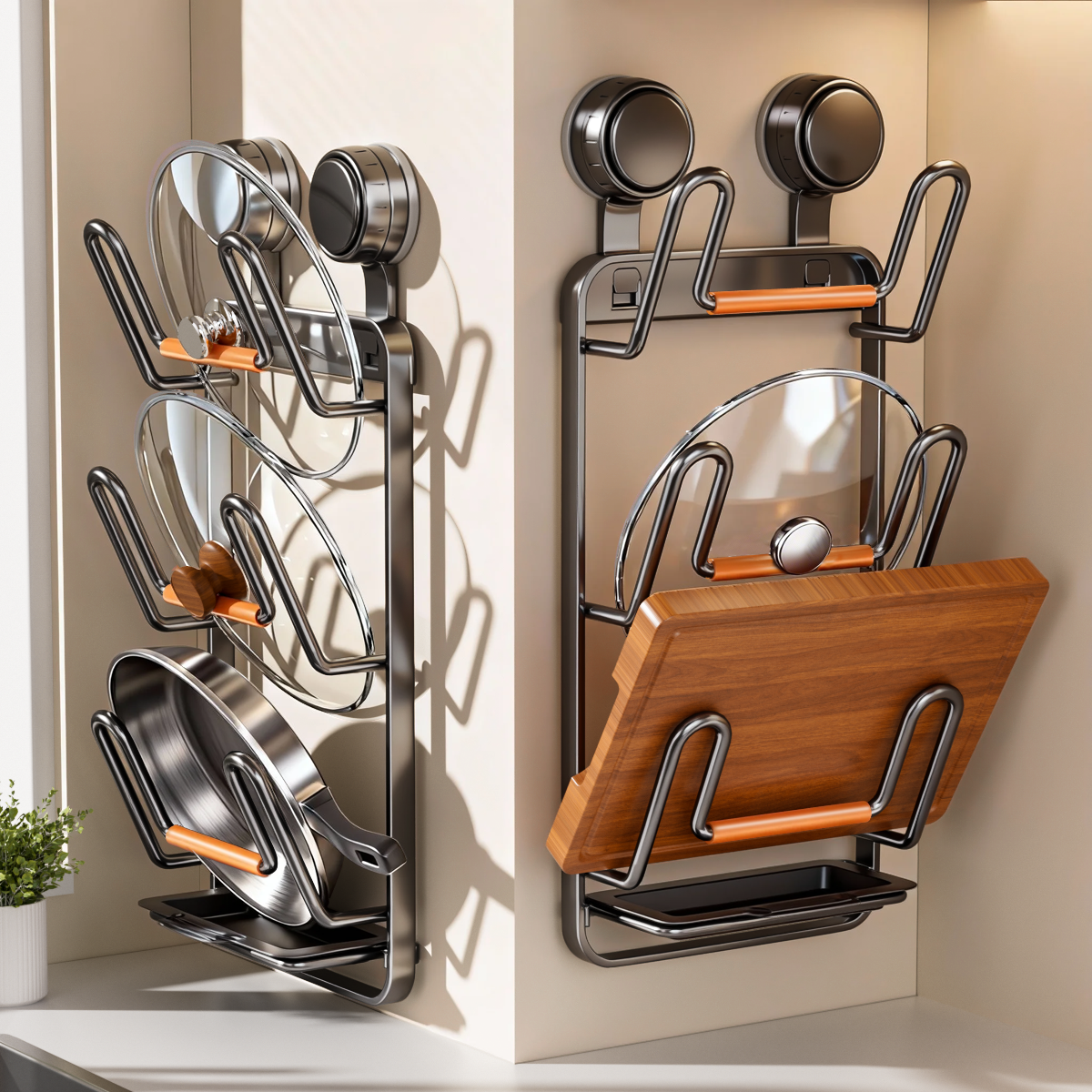 厨房吸盘免打孔锅盖架家用壁挂式多功能置物架放置砧菜板收纳神器