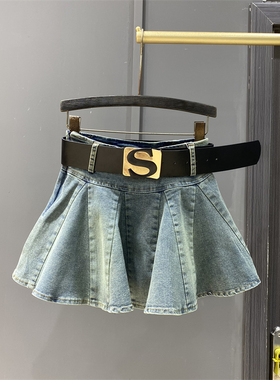 复古牛仔百褶裙女春夏新款减龄百搭高腰显瘦A字半身裙短裙防走光