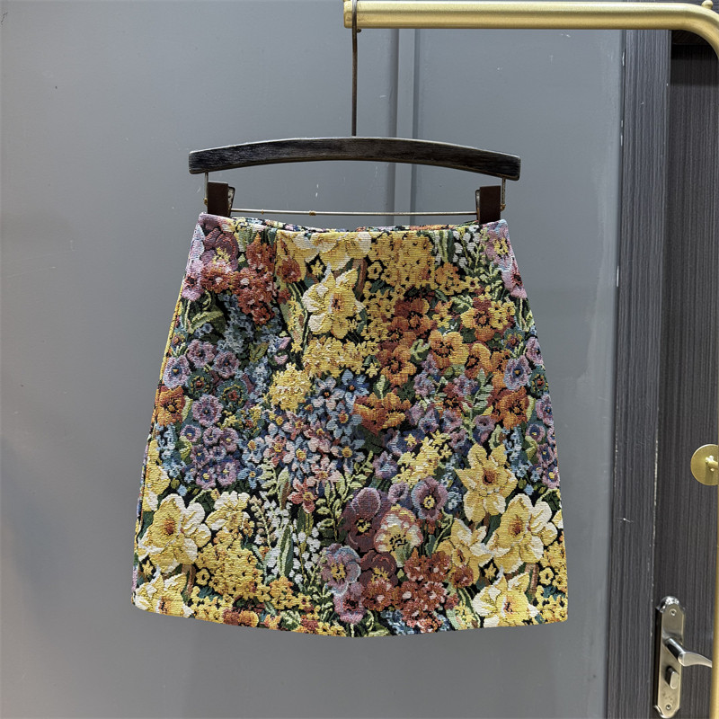 复古油画提花半身裙女高腰显瘦包臀裙秋季新款气质百搭a字短裙潮