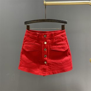 欧货单排扣牛仔裤裙女2026年夏天新款休闲百搭假两件A字短裤裙子