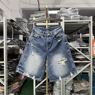 蓝色做旧直筒阔腿热裤 破洞牛仔短裤 宽松百搭五分裤 新款 女2026夏季