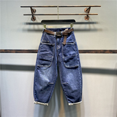 欧货2026春季 女宽松大口袋显瘦百搭哈伦垮裤 新款 深蓝色老爹牛仔裤