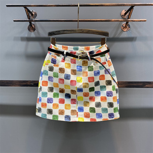 2026年夏天新款甜美彩色方块印花高腰牛仔短裙女显瘦a字包臀裙子