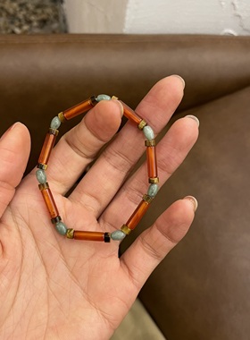 日出无事 新中式文玩古物配色天然红玛瑙虎眼石气质古典转运手串