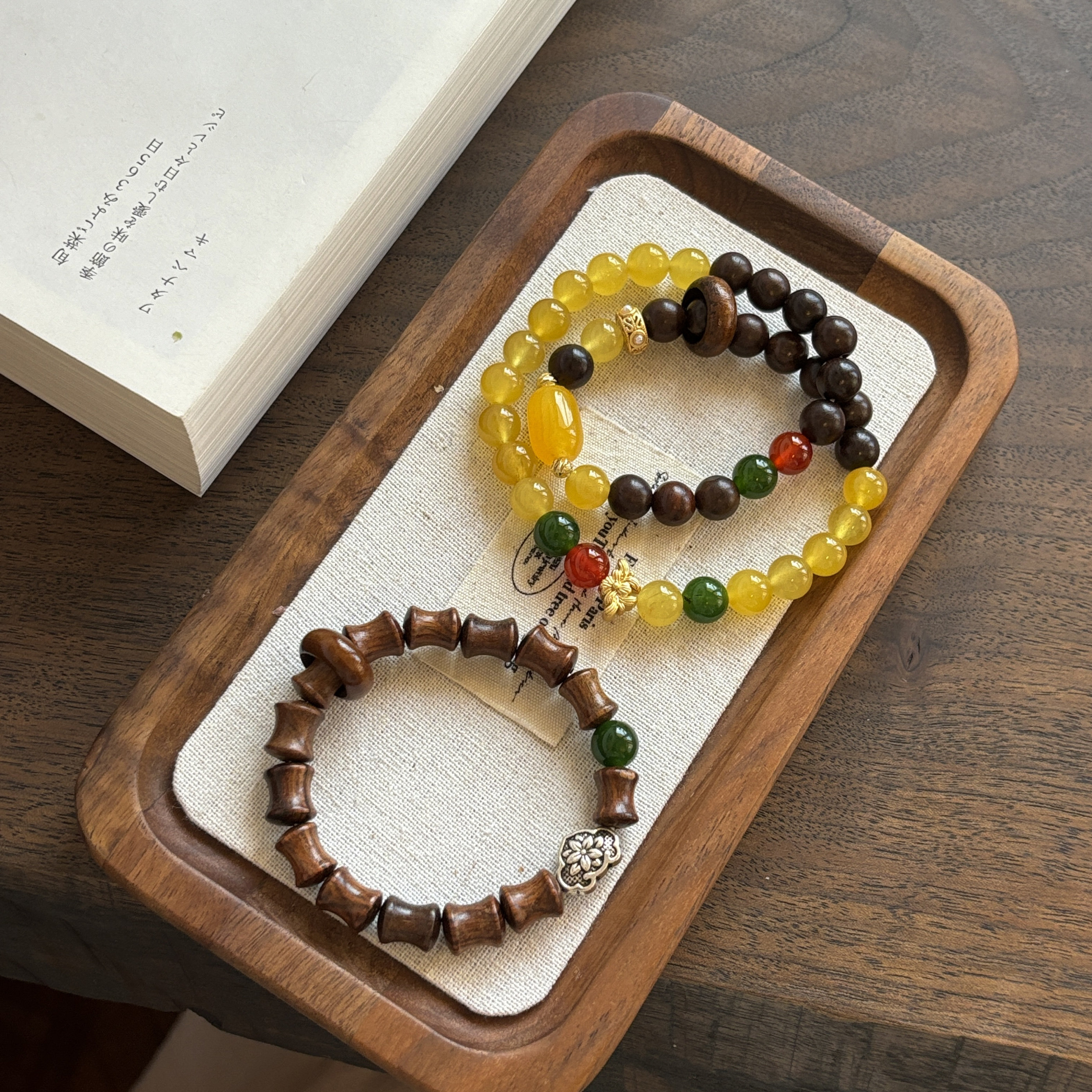 听松 原创新中式天然石黑花梨竹节黄石双圈手链古风沉静手串串珠