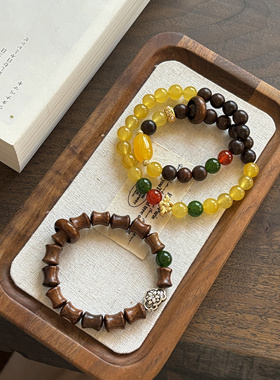 黑花梨竹节黄石双圈手链古风沉静