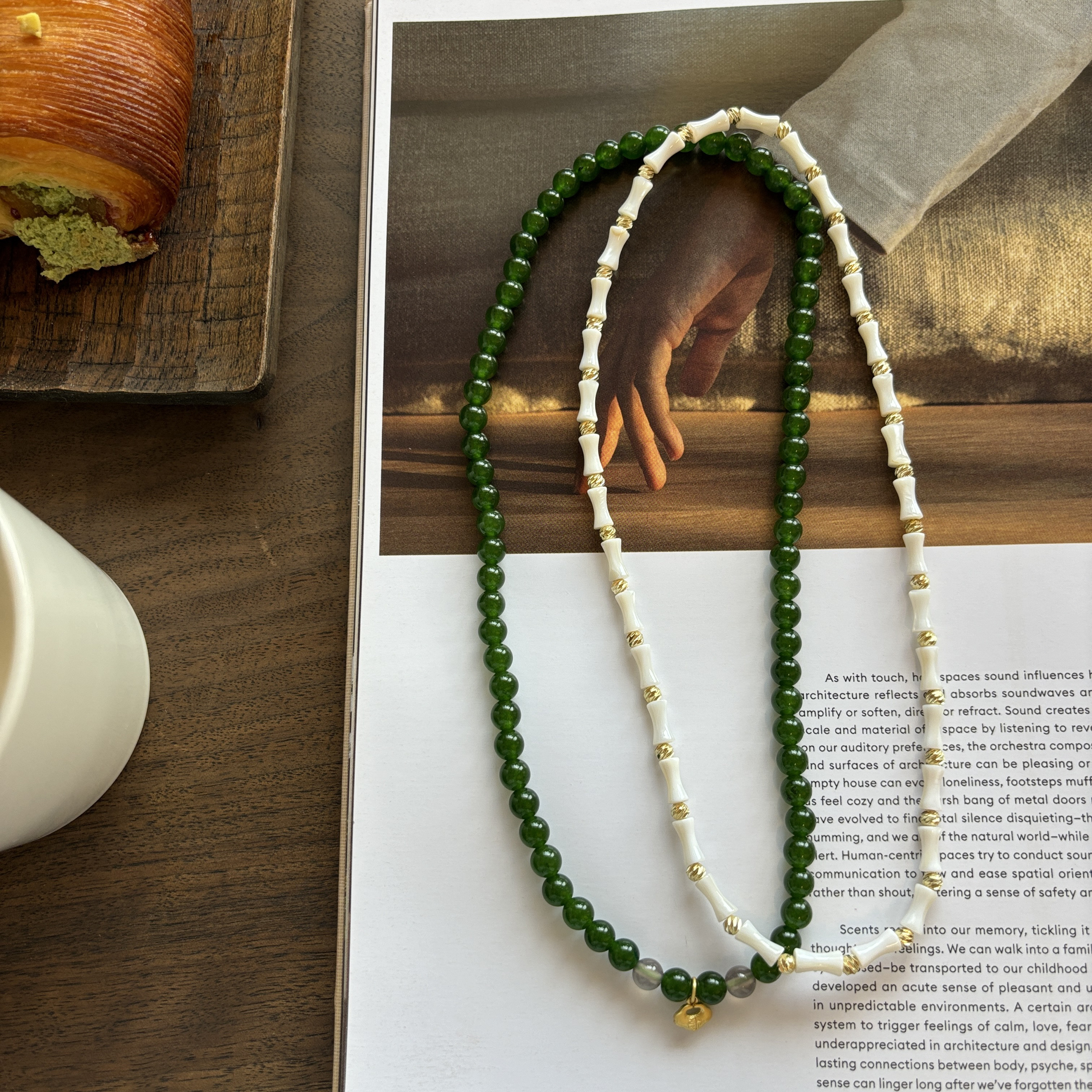 静寂 原创自制新中式叠戴气质显白高级天然石绿玉髓贝壳竹节项链