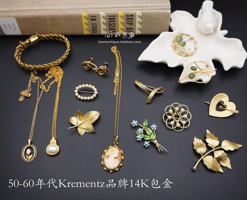 夏天西洋古董首饰收藏Krementz14K包金cameo玫瑰胸针项链手镯耳夹