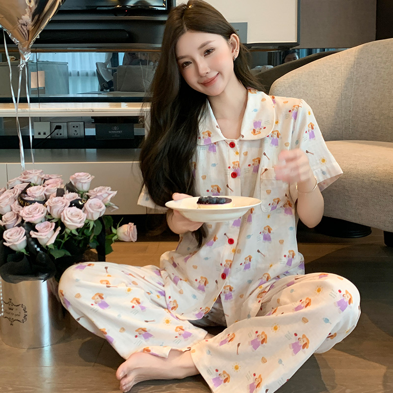 全棉娃娃领可爱卡通夏款睡衣女紫色小狗显白舒适双层纱韩系家居服