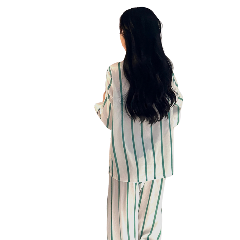 輕奢冰絲長袖性感睡衣女春秋季高級感條紋套裝氣質(zhì)大碼網(wǎng)紅家居服